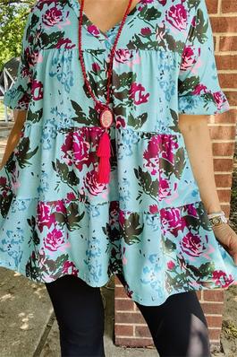 Turquoise floral v-neck ruffle short sleeve baby doll women blouse