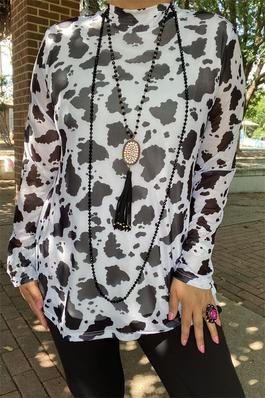Black cow printed high neck mesh long sleeve women top