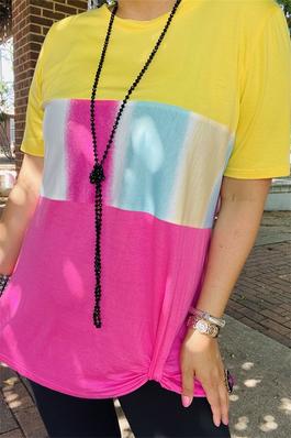 Yellow/pink  multi color block printed short sleeve top