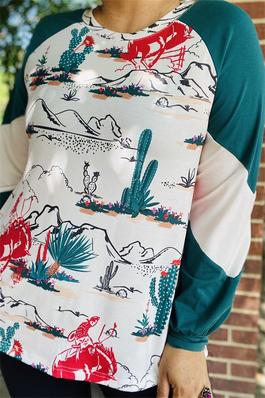 Turquoise cactus scene landscape multi color printed raglan long sleeve women tops