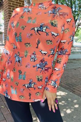 Riding horse cactus landscape coral color printed long sleeve mesh women tops