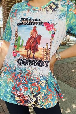 JUST A GIRL WHO LOVES HER COWBOY hiding horse multi color printed short sleeve women tops