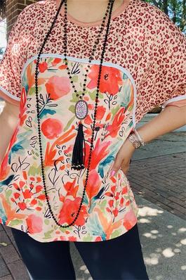 Leopard &floral multi color printed short sleeve women tops