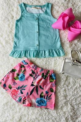 Aqua top w/pink floral shorts 2pc set