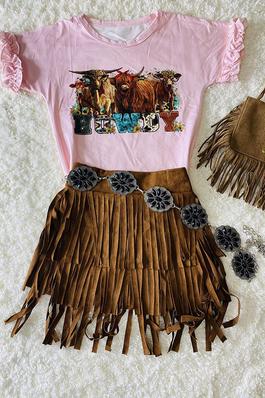 HOWDY top & brown suede fringe skirt 2pc set
