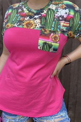 Pink cactus & sunflower multi color & block pink printed short sleeve with front pocket women top
