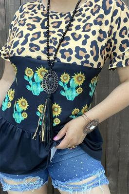 Cactus printed black background fabric leopard printed with ruffle trim  short sleeve women tops