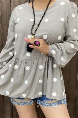 White dot gray color tighten cuff long sleeve  baby doll women blouse