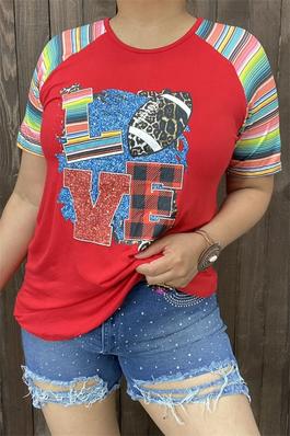 LOVE Football graphic printed red background fabric multi color stripe raglan short sleeve women to