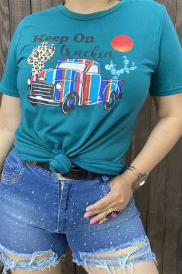 "KEEP ON TRUCKIN"multi color printed graphic teal background fabric short sleeve women tops