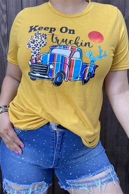 KEEP ON TRUCKIN multi color printed graphic yellow background fabric short sleeve women tops