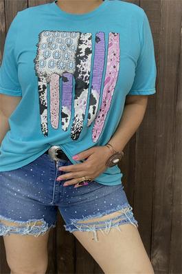 Blue t-shirt w/multi cow & jewel printed short sleeve women tops