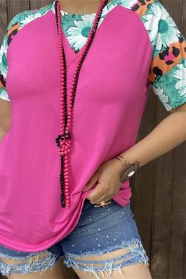 Fuchsia animal & floral printed pink body raglan short sleeve women top