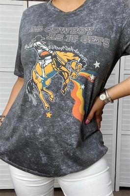 "AS COWBOY AS IT GETS"riding horse tie-dye gray multi color printed short sleeve women tops