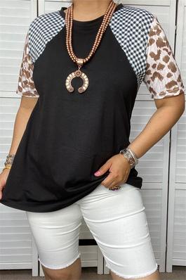 Black/white plaid leopard short sleeve black color body raglan women tops
