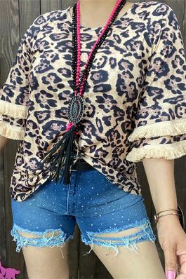 Leopard printed double tassels trim short sleeve women loose tops