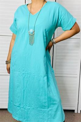 Turquoise color printed short sleeve long women dress w/pockets for spring&summer