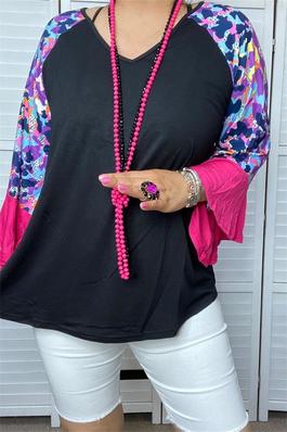Black raglan long sleeve leopard printed top w/pink ruffle trim for women tops