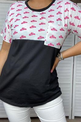 Pink hats block black printed short sleeve with front pocket women tops
