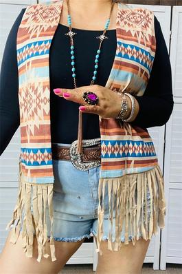 Aztec multi color printed sleeveless suede fabric women vest w/fringe&tassels