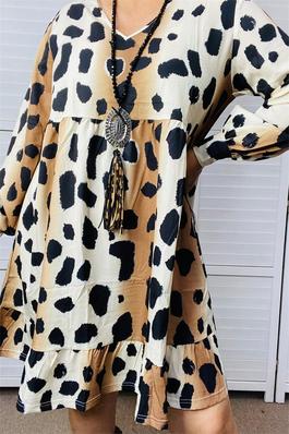 Leopard printed long sleeves baby doll women dress w/pockets