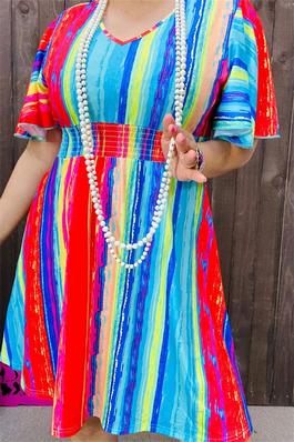 Multi color striped women dress w/bell short sleeves wholesale elastic waist band