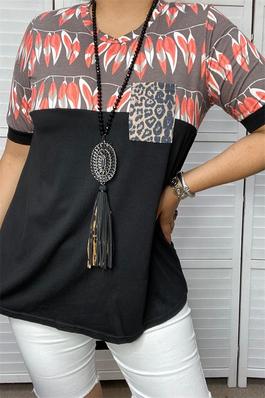 Black feather & leopard front pocket printed  short sleeve women top