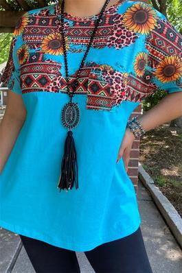 Sunflower &Aztec multi color printed Turquoise short sleeves women tops