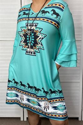 Black horse Aztec multi color printed in the turquoise background fabric three ruffle 3/4 sleeve w/