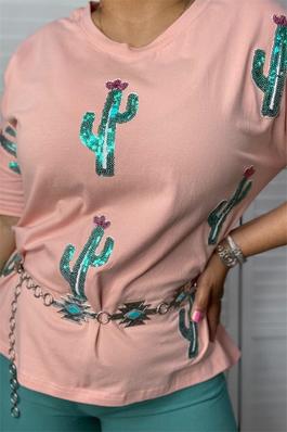 Sequin green cactus light pink loose short sleeve women tops