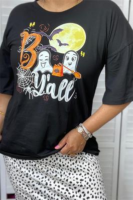 Ghost& Spider multi color printed black fabric for halloween festival short sleeve women tops