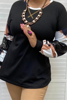 Cross line cow printed sequin long sleeves black women tops