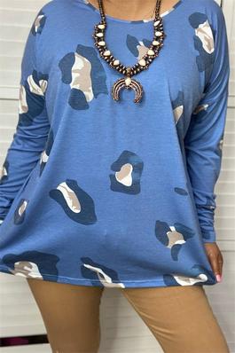 Blue leopard tighten long sleeve women blouse