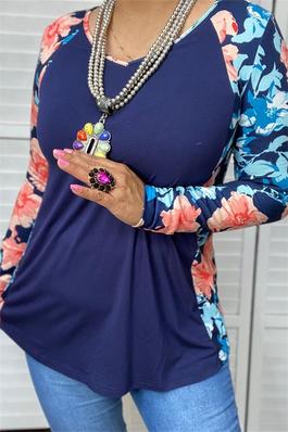 Navy blue floral multi color printed tighten long sleeve raglan women top