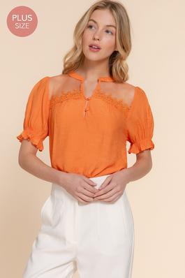 SHORT PUFF SLV w/LACE WOVEN TOP