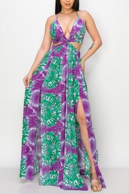 PRINTED RAYON BOIL CUT OUT WAIST SLIT FRONT MAXI DRESS