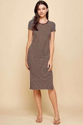 Ribbed Stripe Midi Dress W/ Side Slit
