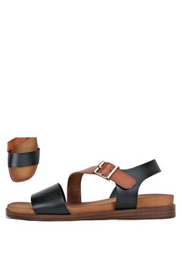 TWO TONE SINGLE BAND FLAT SANDAL WITH BUCKLE