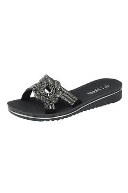 CUT OUT HEATED STONES LOW WEDGE SANDAL
