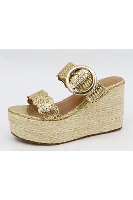 DOUBLE WOVEN BANDS PLATFORM WEDGE SANDAL W. BUCKLE