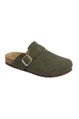 PLAIN NUBUCK FOOTBED FLAT MULE WITH BUCKLE 