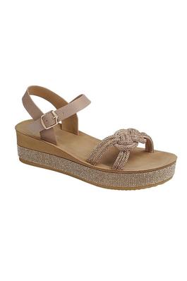 TOE KNOT HEATED STONE BANDS LOW WEDGE SANDAL 