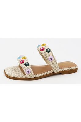 DOUBLE FABRIC BANDS FLAT SANDAL WITH 3D FLOWERS