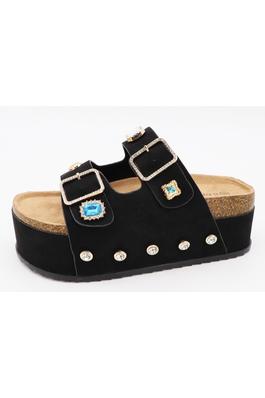 DOUBLE BUCKLE FLATFORM SANDAL WITH COLORED STONES