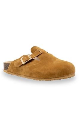 SUEDE FOOTBED FLAT MULE WITH BUCKLE