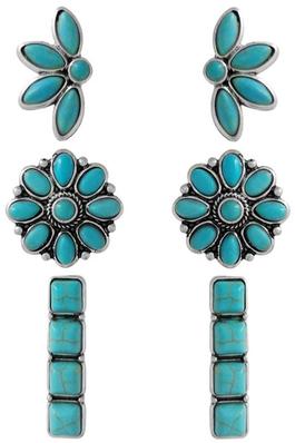 WESTERN STYLE CONCHO FLOWER BAR CASTING WITH GEMSTONE EARRINGS SET