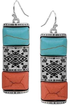 WESTERN STYLE AZTEC TEXTURED RECTANGULAR BAR CASTING WITH GEMSTONE FISH HOOK DANGLING EARRING