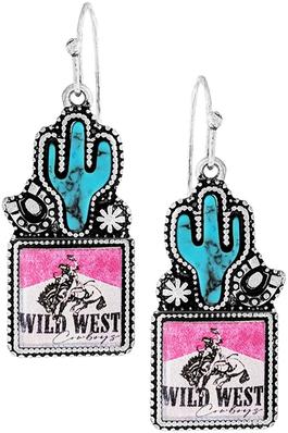 WESTERN STYLE TEXTURED GEMSTONE CACTUS CASTING WITH WILD WEST RODEO COWBOY DANGLING EARRING