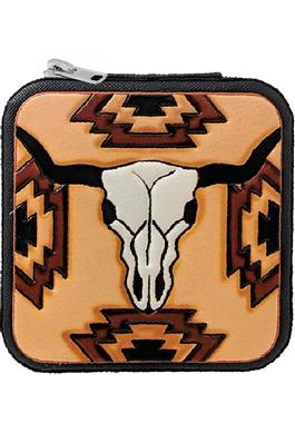 Western STEER HEAD Tooled Leather Jewelry CASE
