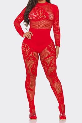 SEXY FISHNET DETAIL LONG SLEEVE JUMPSUIT